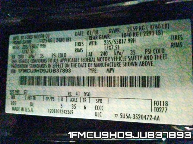 1FMCU9HD9JUB37893 фото 2