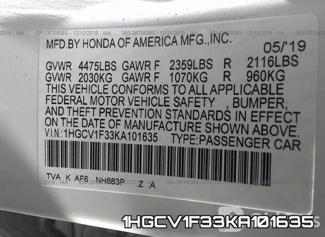 1HGCV1F33KA101635 фото 7
