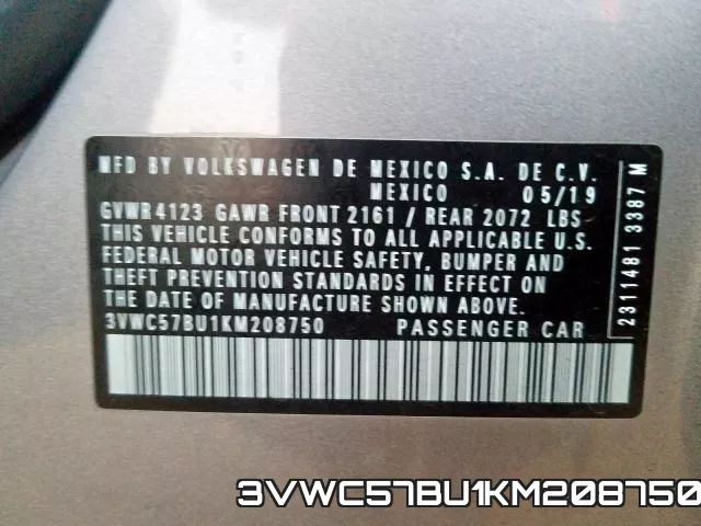 3VWC57BU1KM208750 фото 2