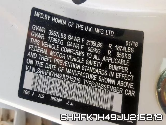 SHHFK7H49JU215219 фото 2