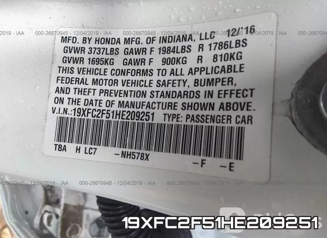 19XFC2F51HE209251 фото 7
