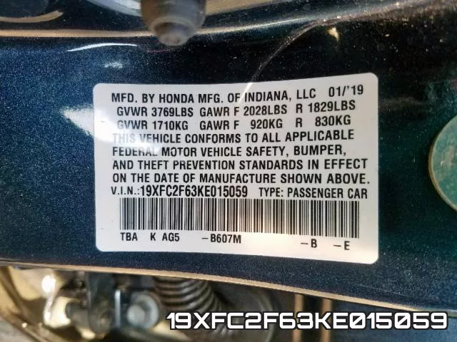 19XFC2F63KE015059 фото 2