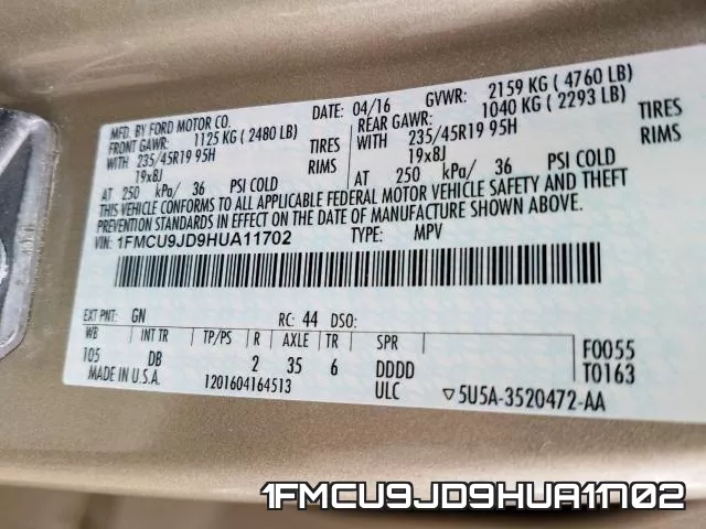 1FMCU9JD9HUA11702 фото 2