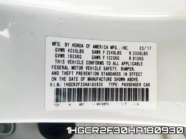 1HGCR2F30HA180930 фото 2