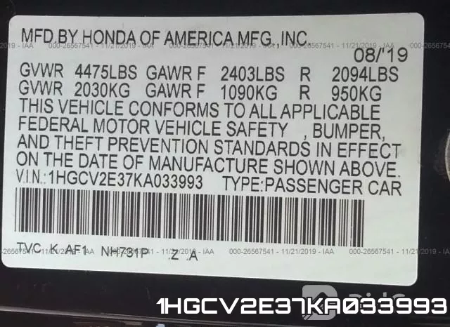 1HGCV2E37KA033993 фото 10
