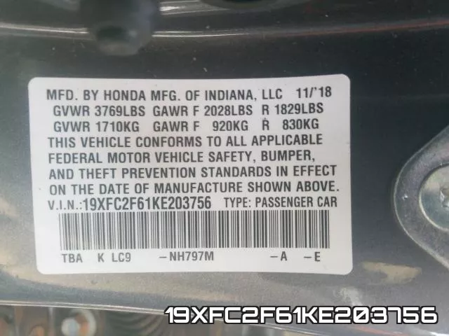 19XFC2F61KE203756 фото 2