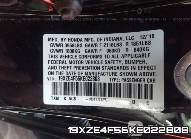 19XZE4F56KE022808 фото 9