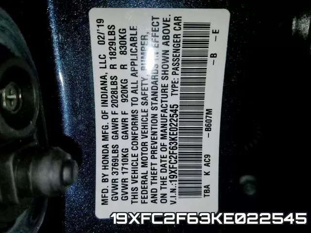 19XFC2F63KE022545 фото 2