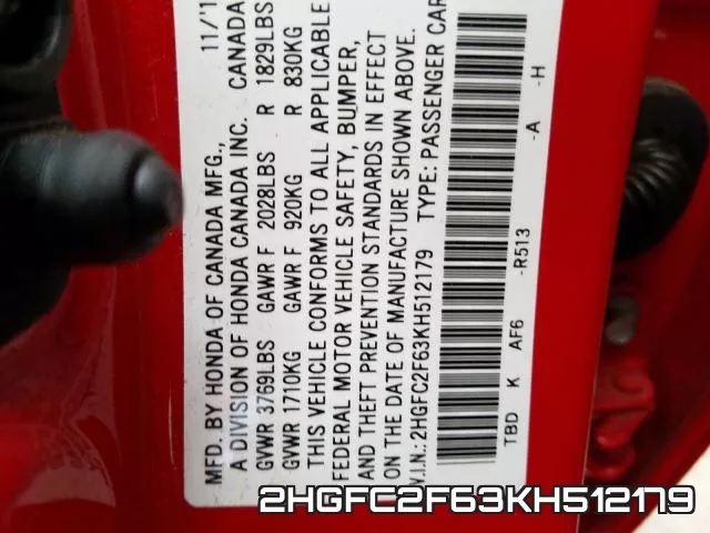 2HGFC2F63KH512179 фото 2