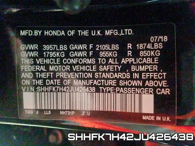 SHHFK7H42JU426438 фото 2