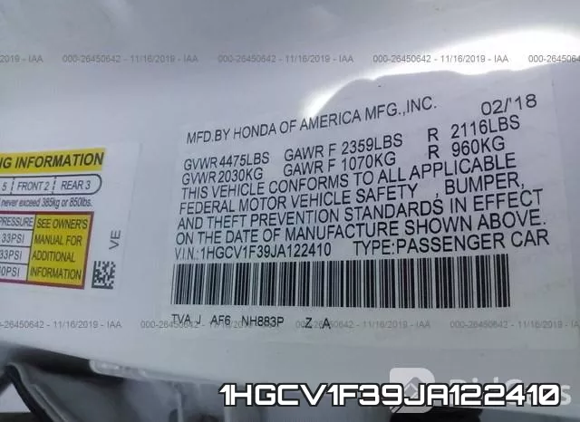 1HGCV1F39JA122410 фото 9
