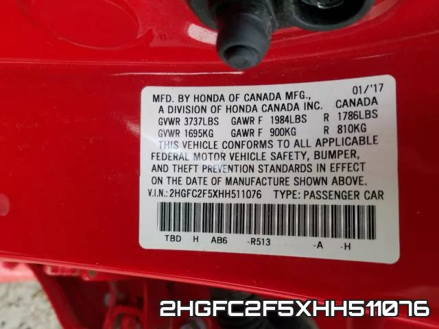 2HGFC2F5XHH511076 фото 2