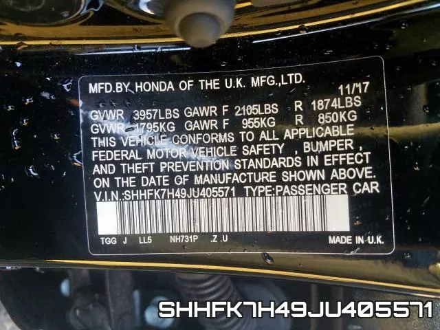 SHHFK7H49JU405571 фото 2