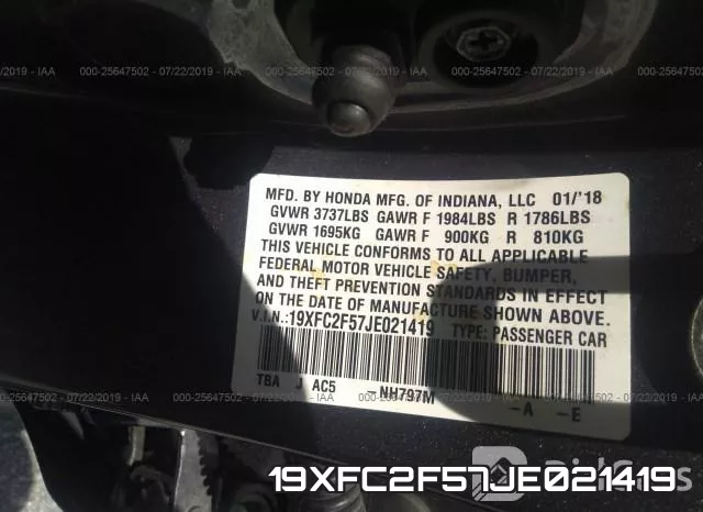 19XFC2F57JE021419 фото 7