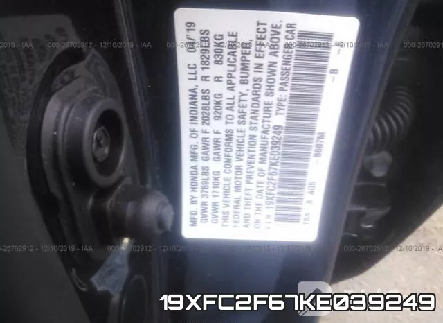 19XFC2F67KE039249 фото 6
