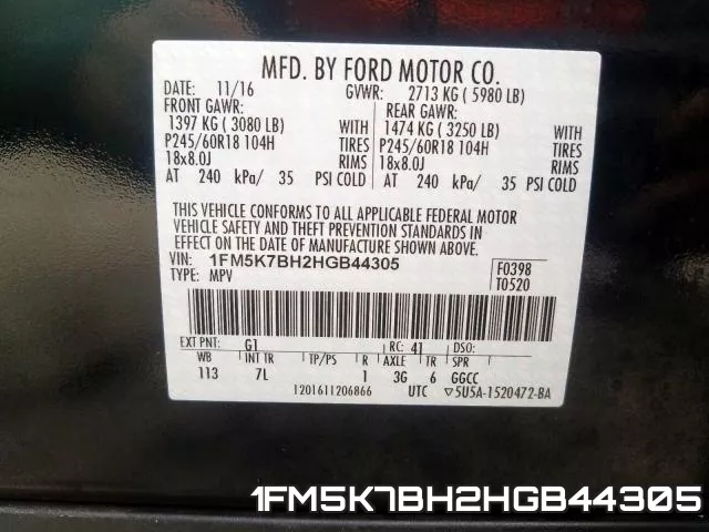 1FM5K7BH2HGB44305 фото 2