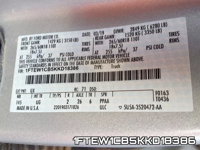 1FTEW1CB5KKD18386 фото 2