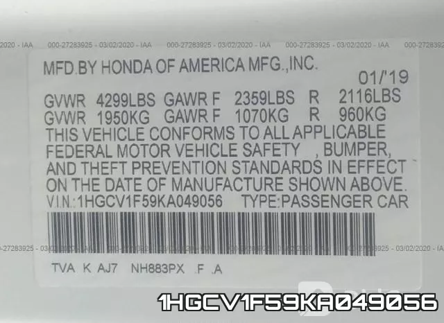1HGCV1F59KA049056 фото 6