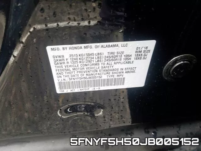 5FNYF5H50JB005152 фото 2