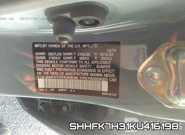 SHHFK7H31KU416198 фото 7