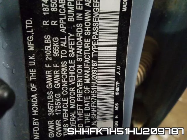 SHHFK7H51HU209787 фото 2
