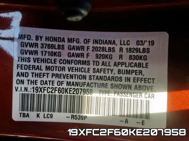 19XFC2F60KE207958 фото 2