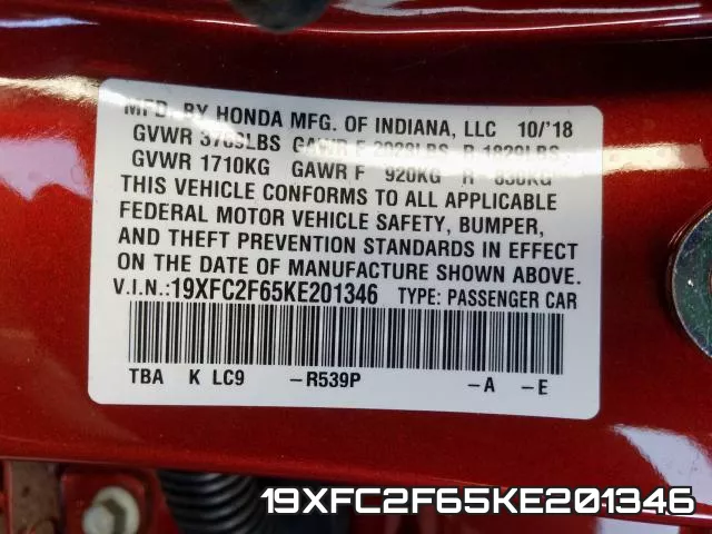 19XFC2F65KE201346 фото 2