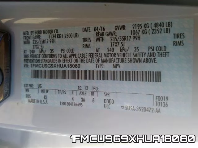 1FMCU9G9XHUA18080 фото 2