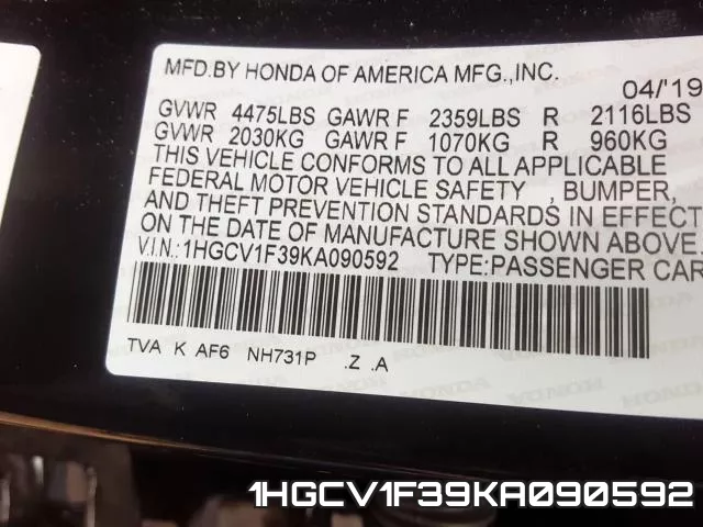 1HGCV1F39KA090592 фото 2
