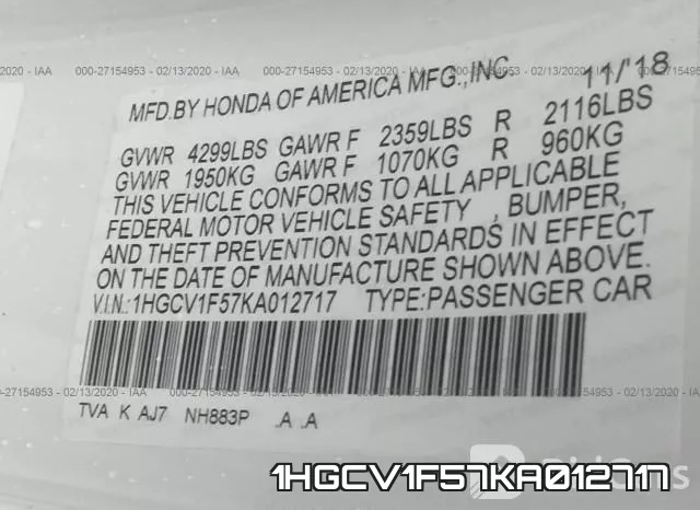 1HGCV1F57KA012717 фото 8