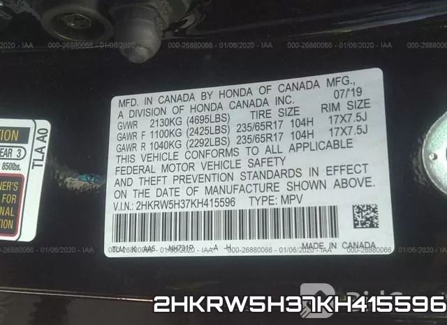 2HKRW5H37KH415596 фото 6