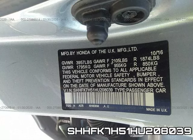 SHHFK7H51HU208039 фото 7