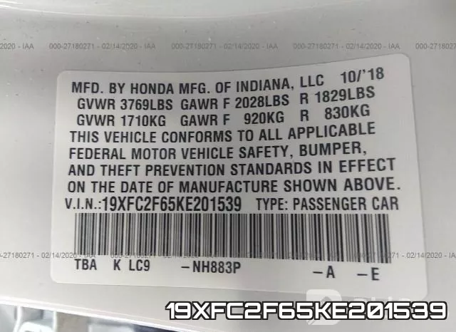19XFC2F65KE201539 фото 10
