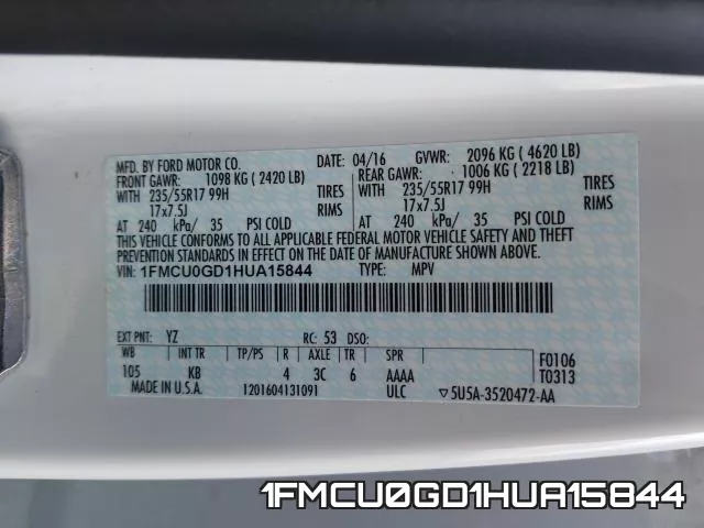 1FMCU0GD1HUA15844 фото 2