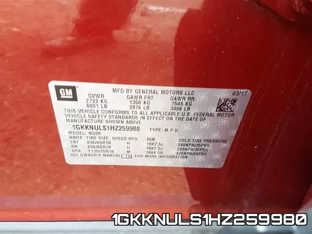 1GKKNULS1HZ259980 фото 2