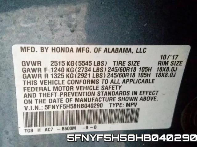 5FNYF5H58HB040290 фото 2