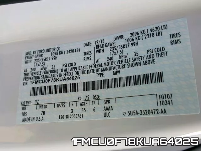 1FMCU0F78KUA64025 фото 2