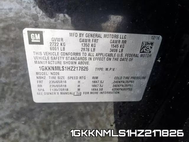 1GKKNMLS1HZ217826 фото 2