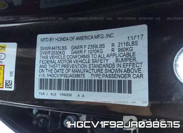 1HGCV1F92JA038675 фото 8