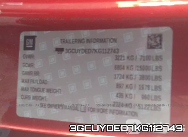 3GCUYDED7KG112743 фото 5