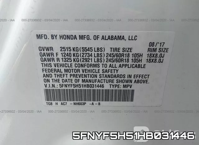 5FNYF5H51HB031446 фото 8