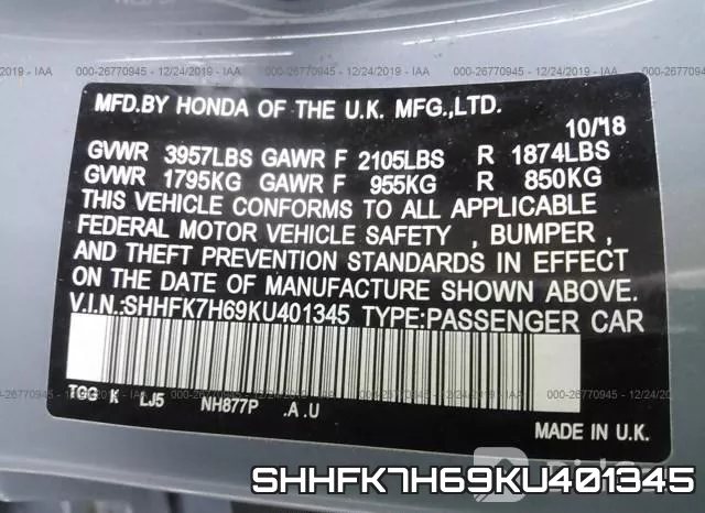 SHHFK7H69KU401345 фото 7