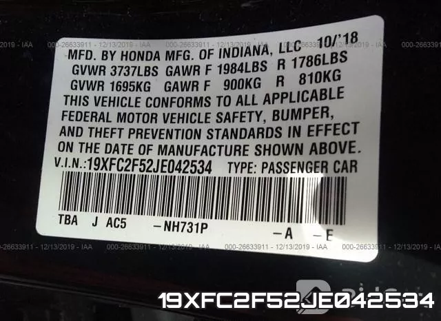 19XFC2F52JE042534 фото 10
