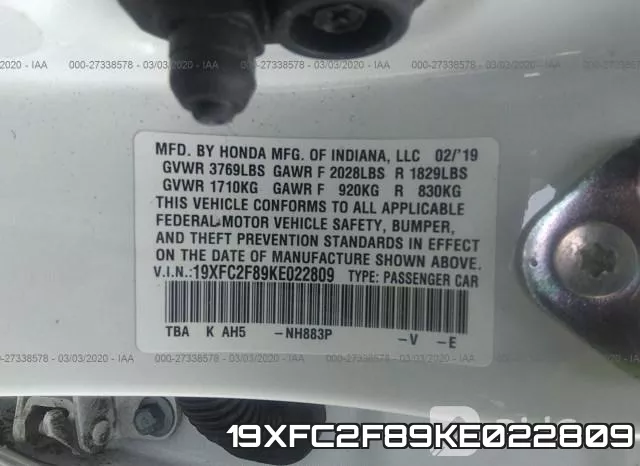 19XFC2F89KE022809 фото 8