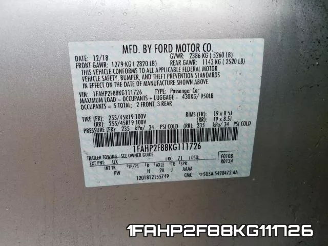 1FAHP2F88KG111726 фото 2