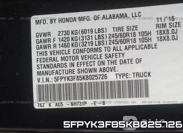 5FPYK3F85KB025726 фото 10