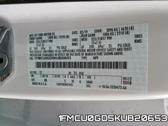 1FMCU0GD5KUB20653 фото 2
