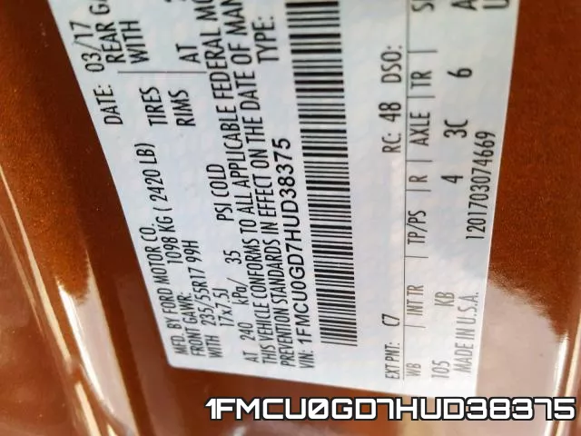 1FMCU0GD7HUD38375 фото 2