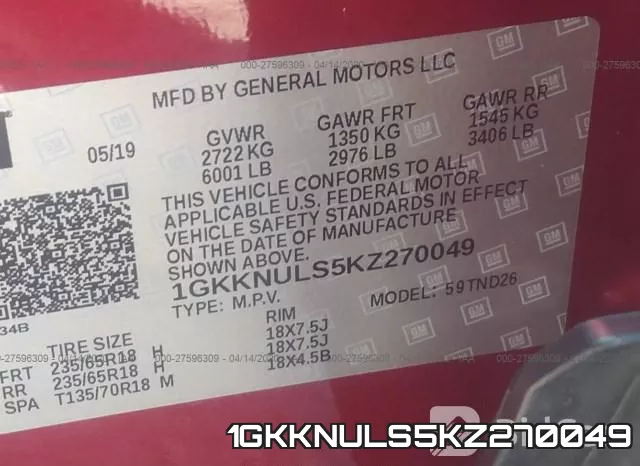 1GKKNULS5KZ270049 фото 9