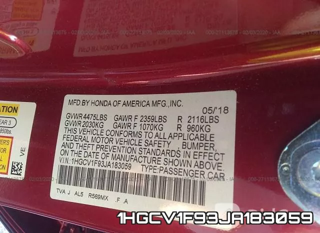 1HGCV1F93JA183059 фото 7
